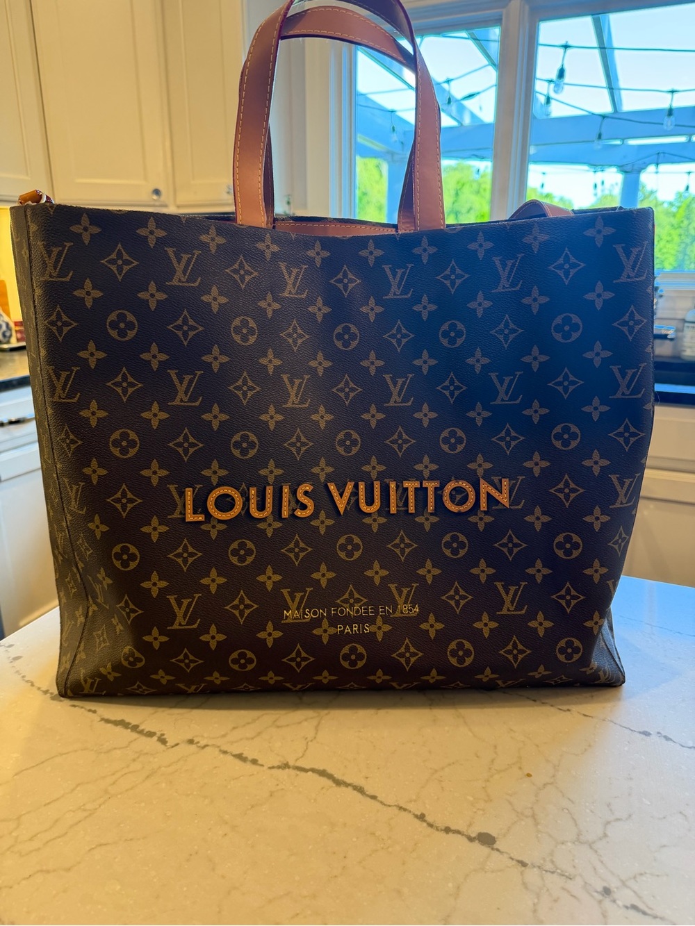 FAUX Inspired Monogram Canvas Shopper Tote with Tan Handles
